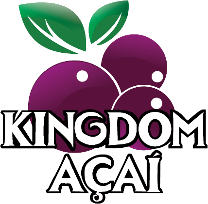 Logo with three purple açaí berries and green leaves above the text KINGDOM AÇAÍ in bold white letters—perfect for those searching for the best acai in Florida or acai near me.